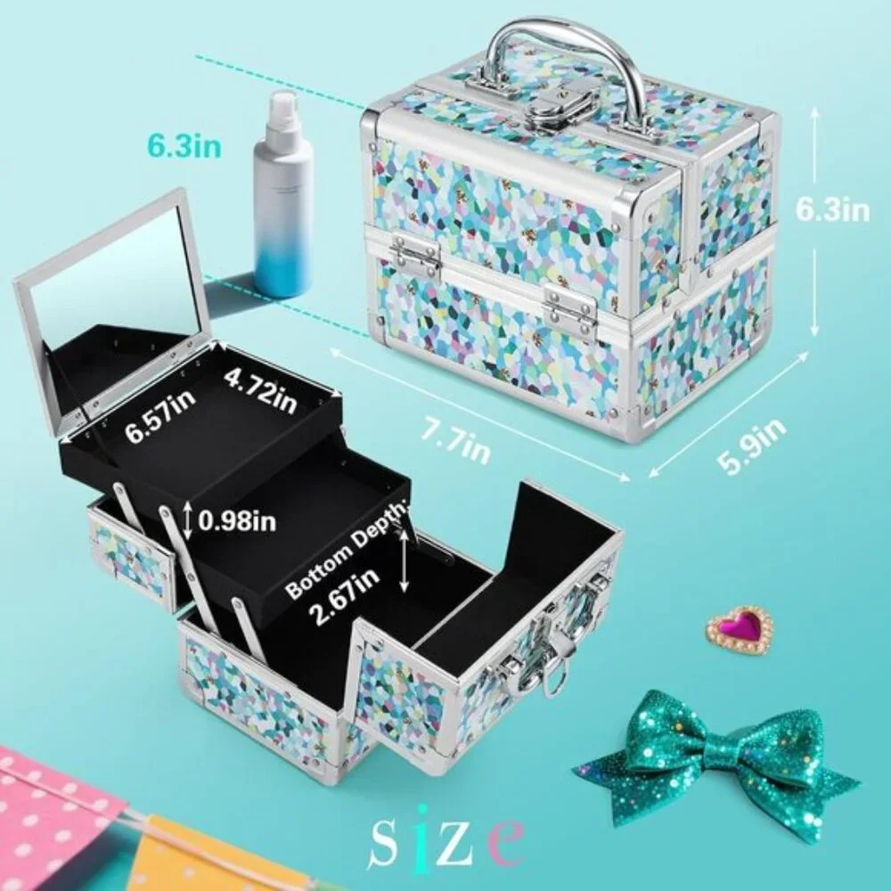 New Portable Kids Makeup Train Case with Mirror & Lock, Hard Organizer Box